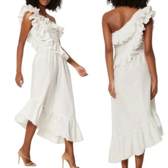 MISA Sandersun Ruffled One Shoulder Cotton Midi Dress White Size S NWT - Picture 1 of 15